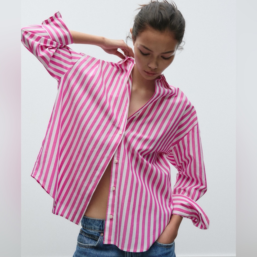 ZARA Pink & White Striped Oversized Cotton Button Front Women’s Shirt M NWT